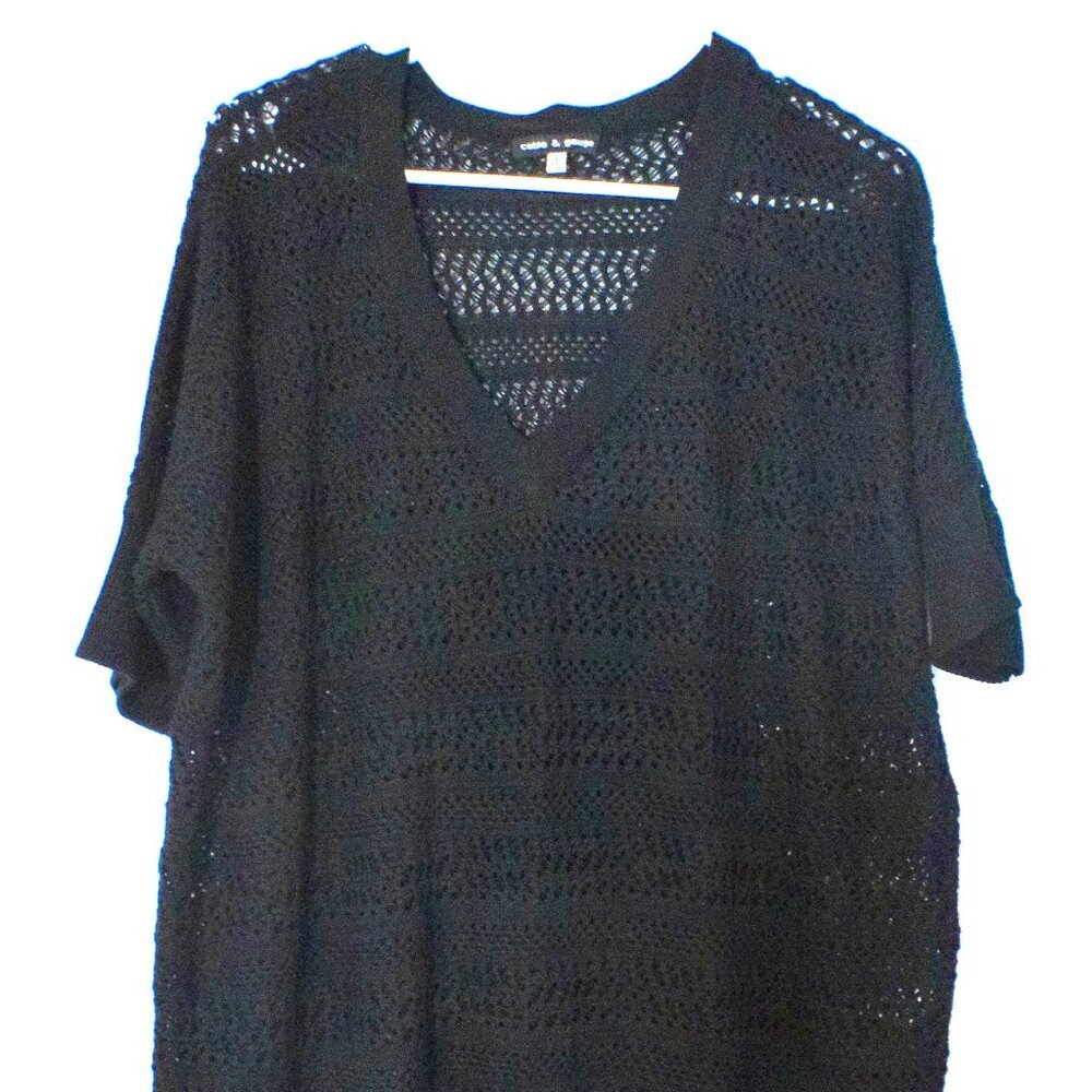 Cable & Gauge Black Open Knit Sweater Women’s XL Short Sleeve V Neck Lightweight